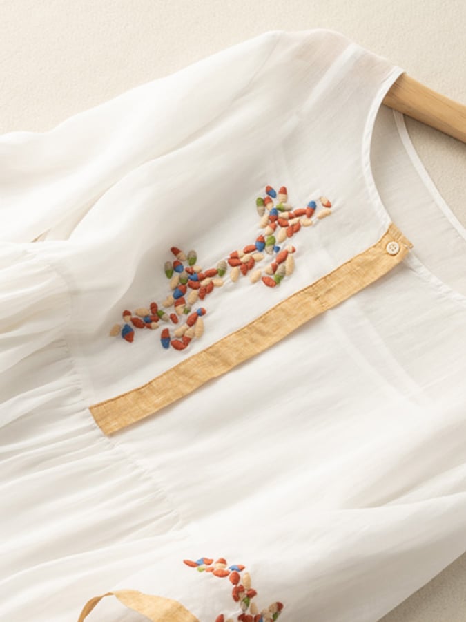 Cara Women's Dress – Embroidered Cotton-Linen Dress with Ethnic-Inspired Design and Easy Fit