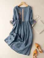 Cara Women's Dress – Embroidered Cotton-Linen Dress with Ethnic-Inspired Design and Easy Fit
