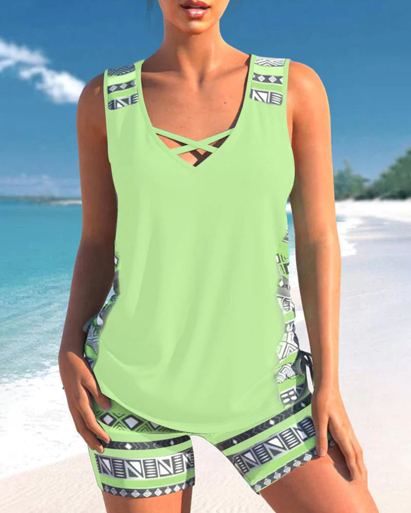 Marisol Women's Geometric Tankini Set – Full Coverage Square Neck Swimwear with Matching Shorts
