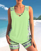 Bienna Women’s Tankini Set – Geometric Swimwear with Built-In Support & Shorts