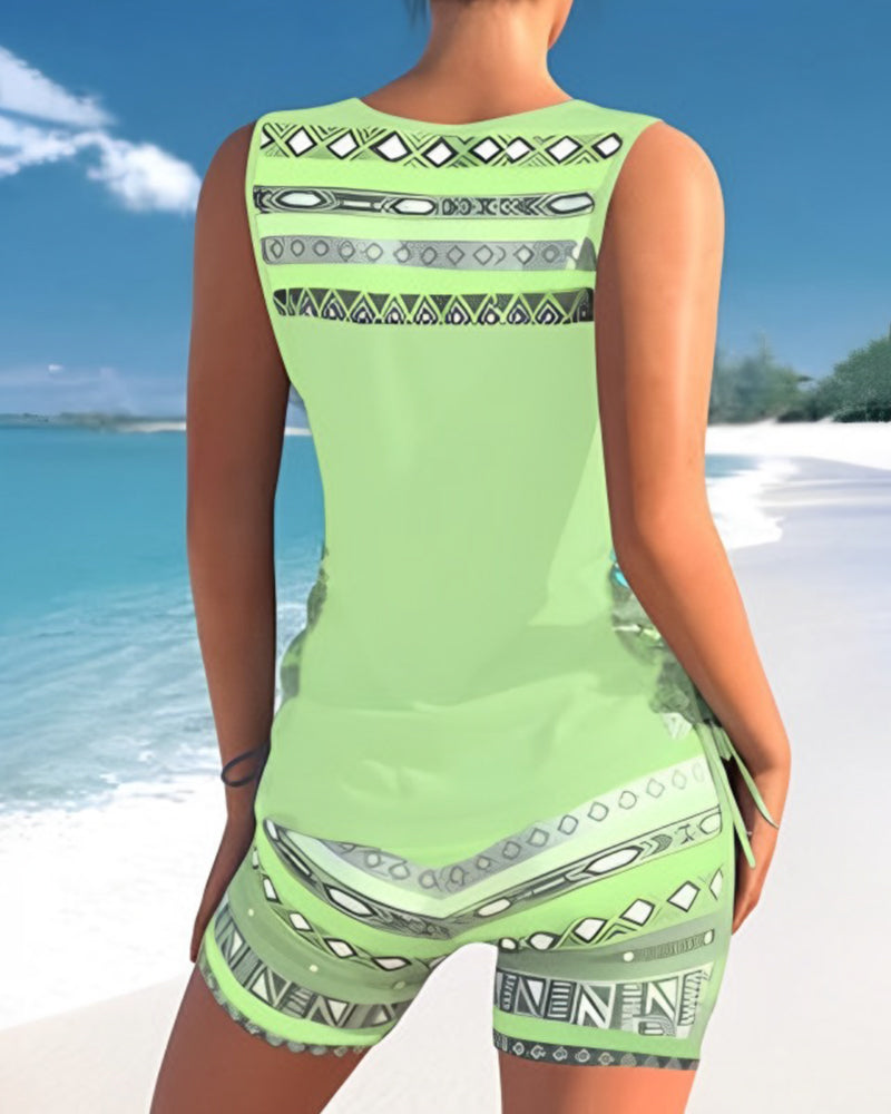 Bienna Women’s Tankini Set – Geometric Swimwear with Built-In Support & Shorts