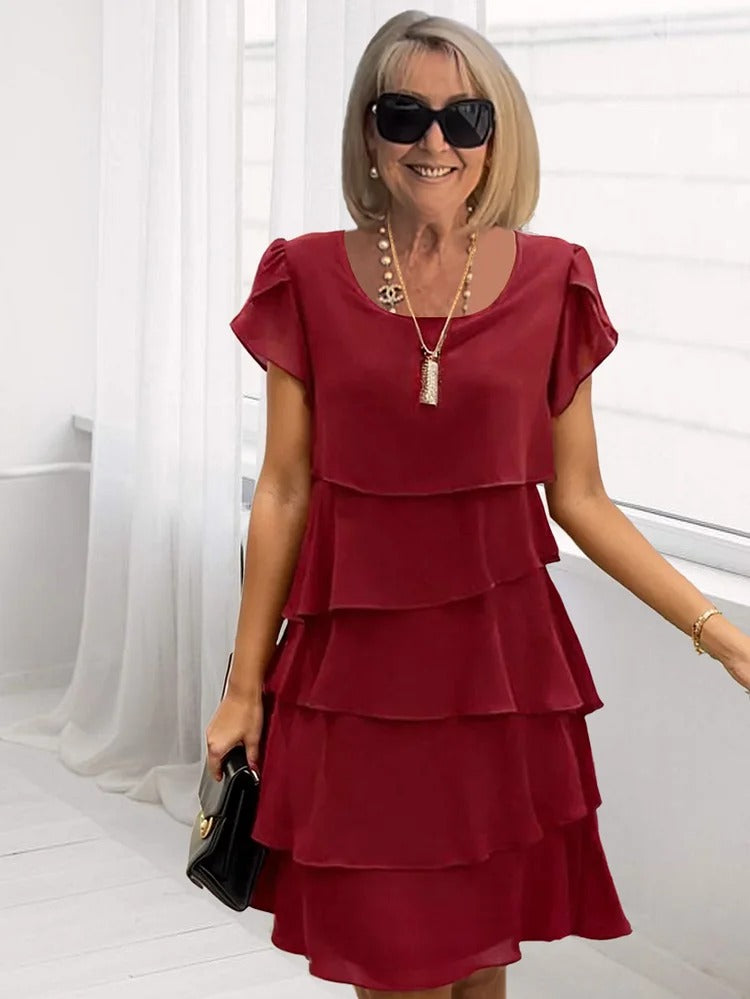 Seren Women's Layered Chiffon Midi Dress with Asymmetrical Hem & Short Sleeves