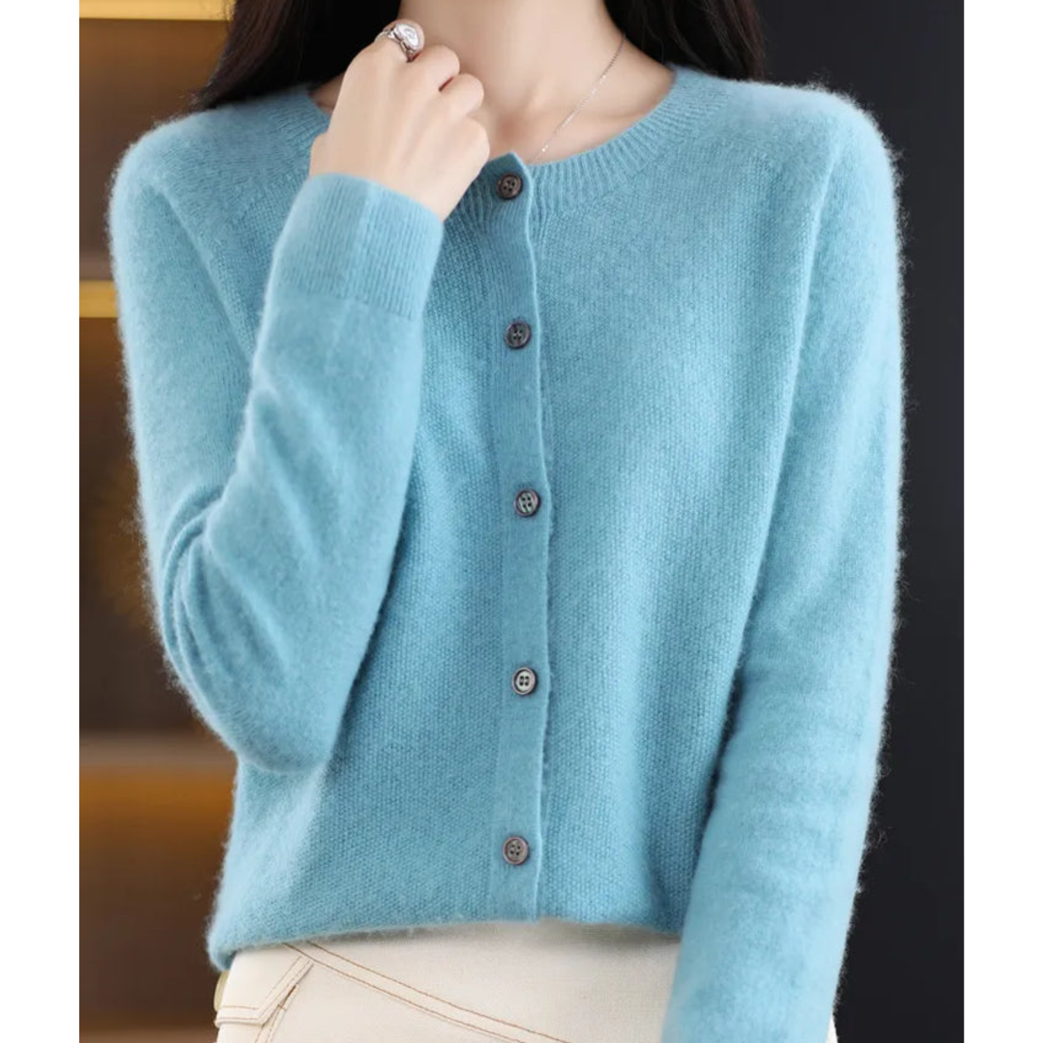 Mercy Women’s Merino Wool Cardigan – Soft Cashmere Knit with Classic Round Neck
