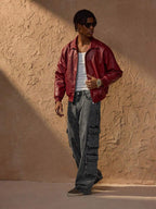 Vince Men’s Faux Leather Jacket – Oversized Urban Zip Jacket in Modern Red Style