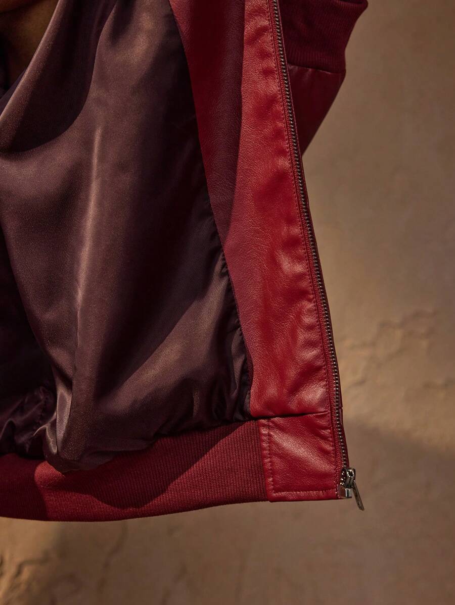 Vince Men’s Faux Leather Jacket – Oversized Urban Zip Jacket in Modern Red Style