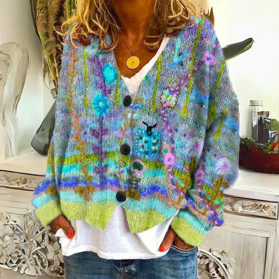 Elisa Women’s Boho Cardigan – Floral Embroidered Oversized Knit Wool Blend Jumper