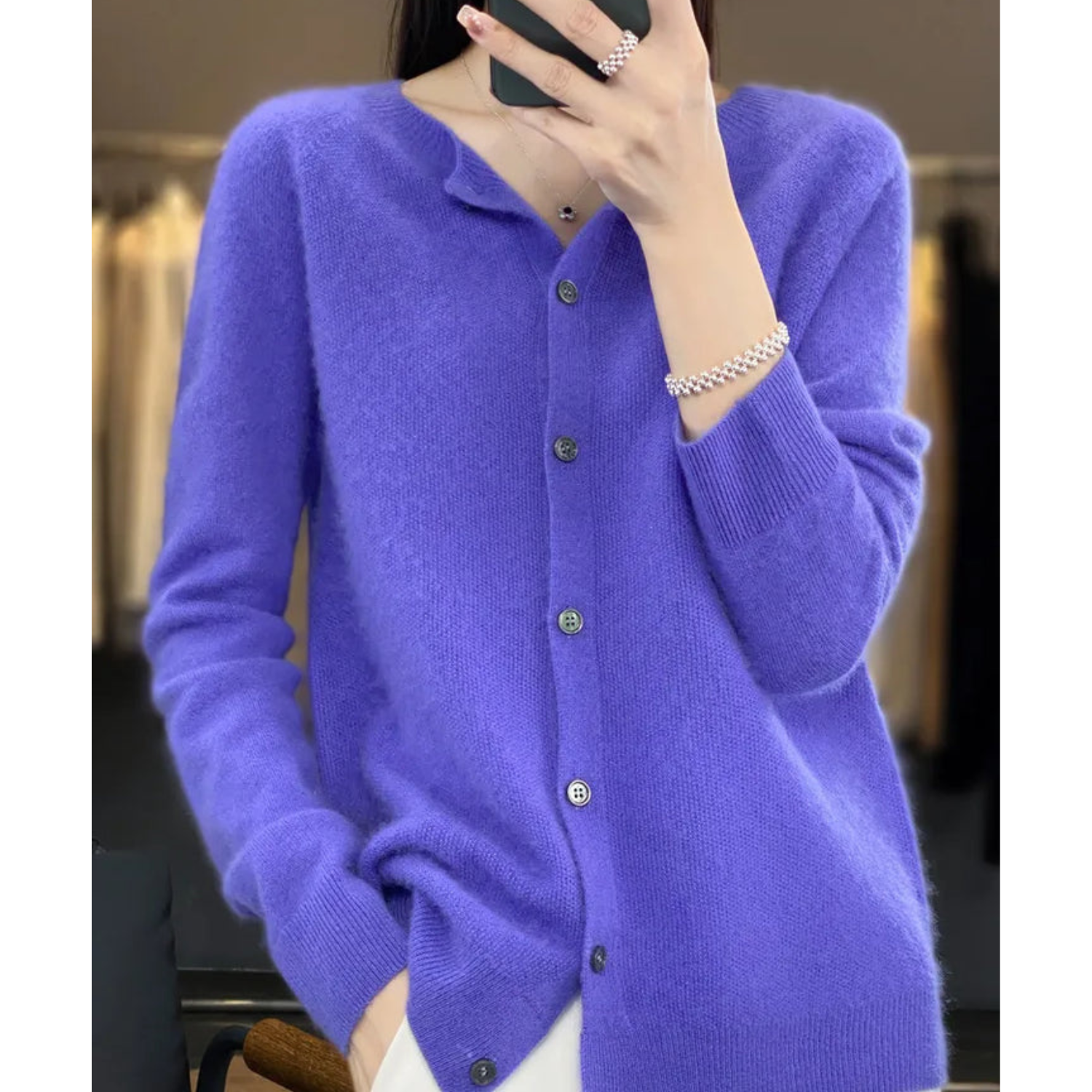 Mercy Women’s Merino Wool Cardigan – Soft Cashmere Knit with Classic Round Neck
