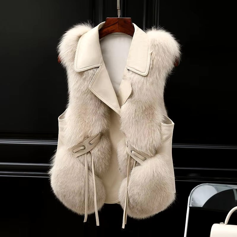Marlowe Women's Faux Fur Vest with Oversized Lapel Collar & Adjustable Waist