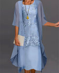 Aurielle Women's Two-Piece Chiffon Dress Set – Elegant Lace Dress with 3/4 Sleeves & Flowing Overlay