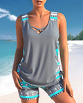 Marisol Women's Geometric Tankini Set – Full Coverage Square Neck Swimwear with Matching Shorts