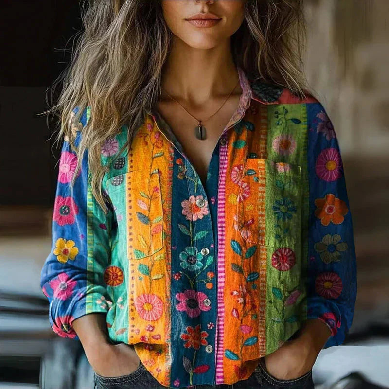 Hazel Women's Vintage Print Blouse – Relaxed Button-Up Shirt with Ethnic Pattern & Long Sleeves