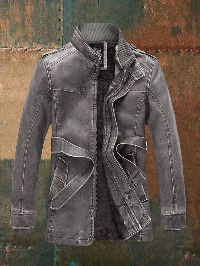 Shon Men’s Vintage Leather Jacket – Retro Zip-Up Coat with Warm Soft Lining