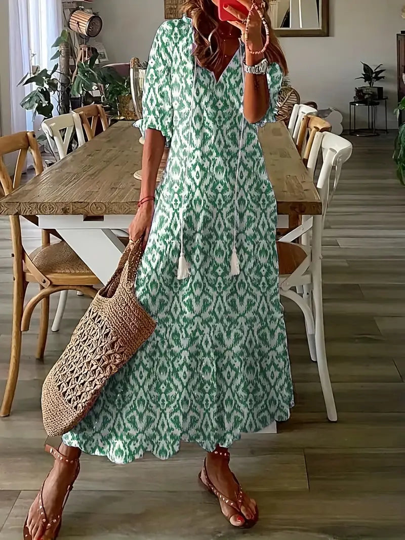 Arielle Women's Bohemian Ruffle Dress – V-Neck Ikat Summer Midi Dress
