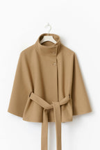 Hannah Women's Wool Coat – Chic Mandarin Collar with Detachable Belt & Easy-Going Fit