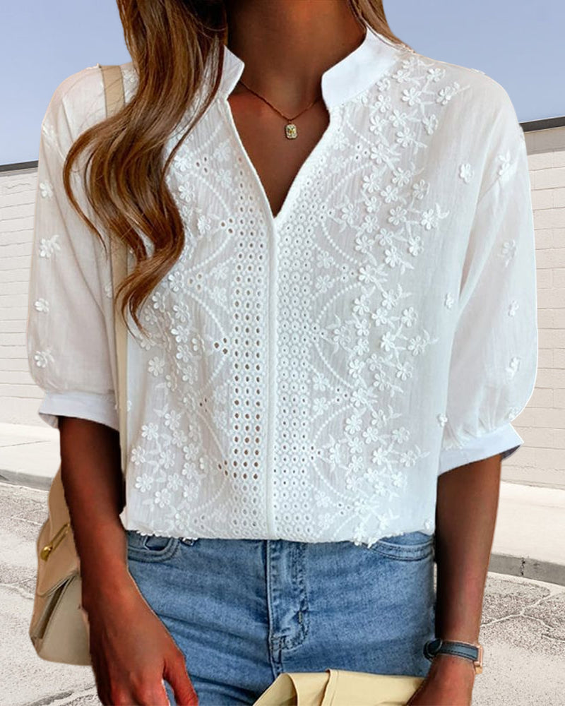 Barnaby Women's Blouse – V-Neckline Top with Puff Sleeves, Cotton-Blend Fabric & Patchwork Accents