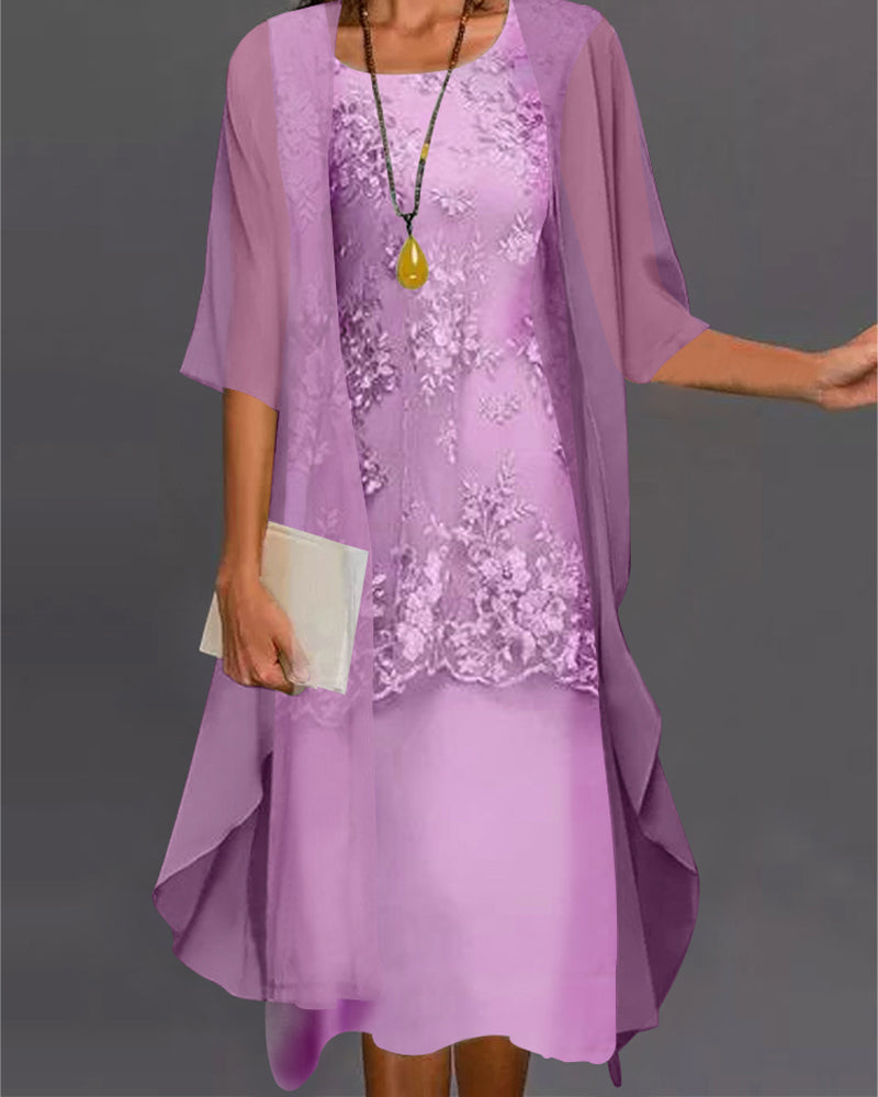 Aurielle Women's Two-Piece Chiffon Dress Set – Elegant Lace Dress with 3/4 Sleeves & Flowing Overlay