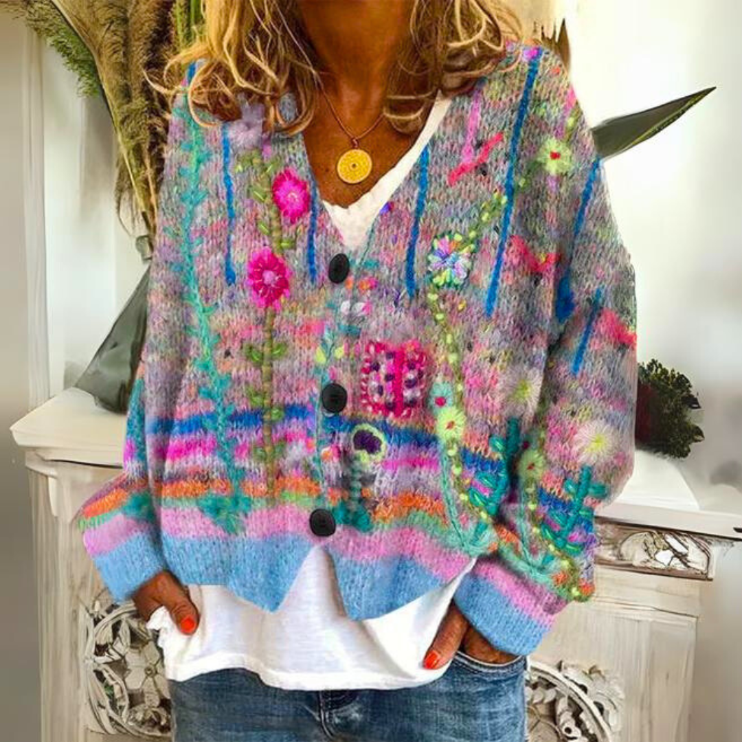 Wallace Bohemian Cardigan – Multicolor Cardigan with Floral Embroidery and a Loose, Easy Fit