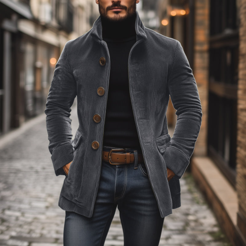 Simon Men's Corduroy Coat – Fitted Silhouette with Mandarin Collar & Sophisticated Side Slip Pockets