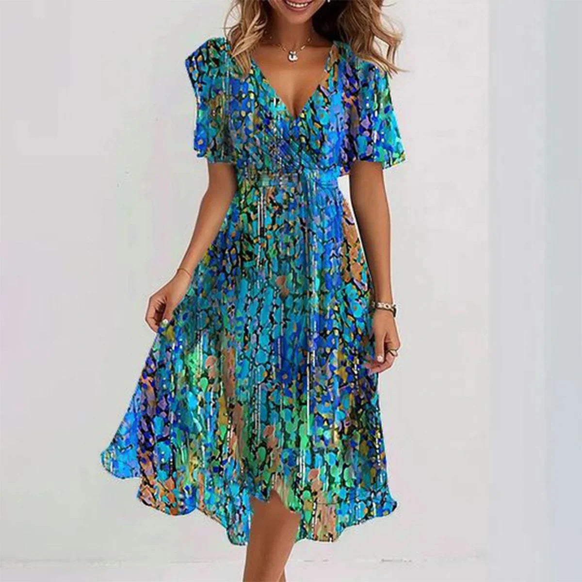 Emily Women’s Floral Midi Dress – Lightweight Chiffon Summer Dress with V-Neck Fit