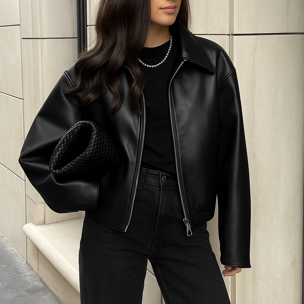 Celeste Women’s Faux Leather Bomber Jacket – Oversized Zip-Up Casual Coat