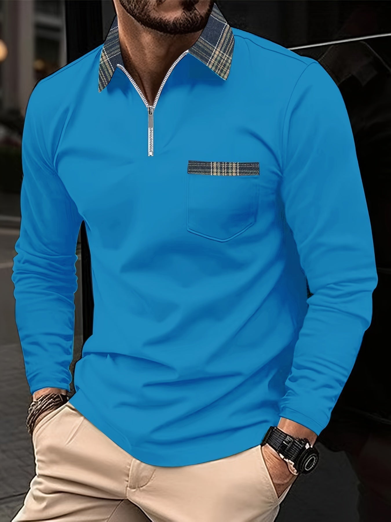 Dorian Men's Long Sleeve Polo Shirt with Zip Collar & Classic Check Pattern