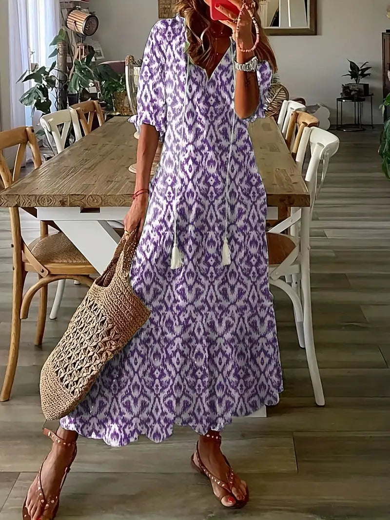 Arielle Women's Bohemian Ruffle Dress – V-Neck Ikat Summer Midi Dress