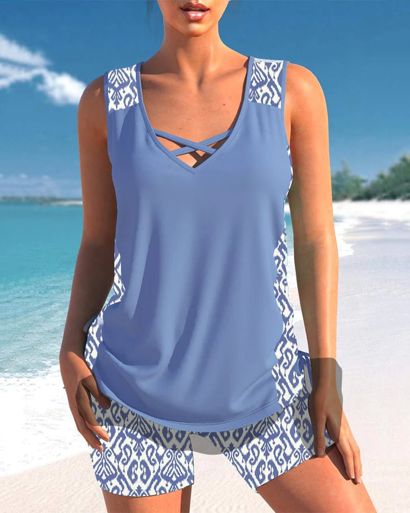 Marisol Women's Geometric Tankini Set – Full Coverage Square Neck Swimwear with Matching Shorts