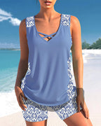 Bienna Women’s Tankini Set – Geometric Swimwear with Built-In Support & Shorts