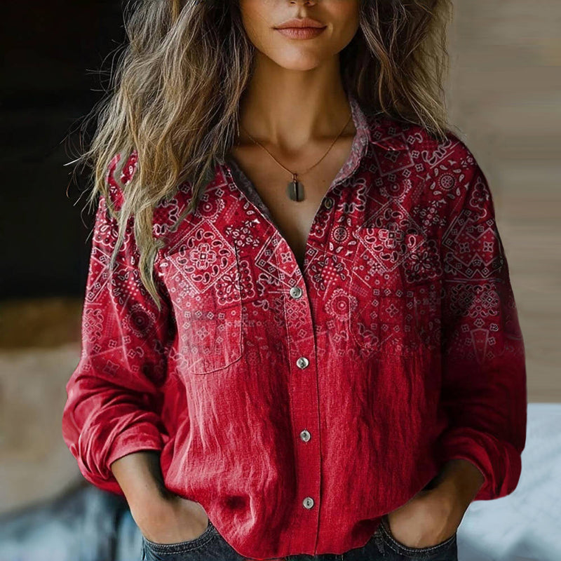 Mira Women’s Vintage Blouse – Ethnic Print Button-Up Shirt with Relaxed Fit