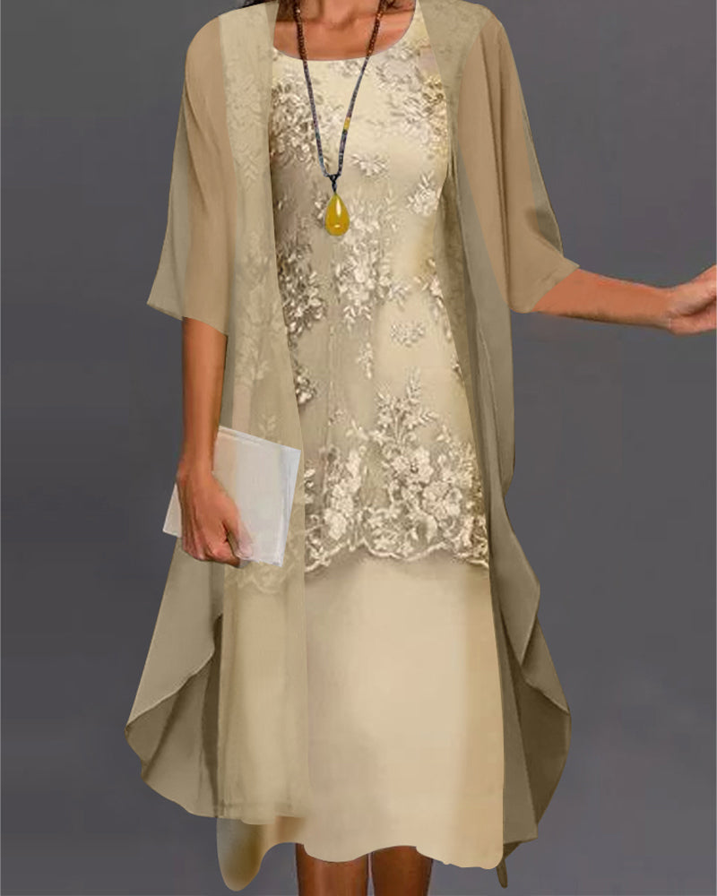 Aurielle Women's Two-Piece Chiffon Dress Set – Elegant Lace Dress with 3/4 Sleeves & Flowing Overlay