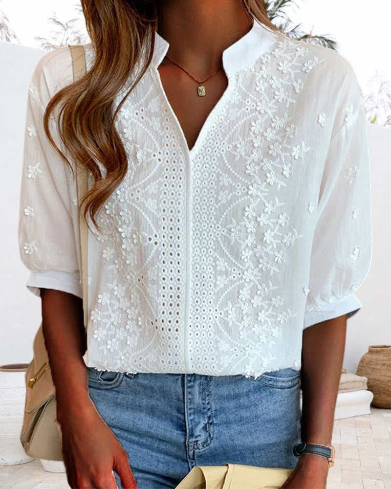 Barnaby Women's Blouse – V-Neckline Top with Puff Sleeves, Cotton-Blend Fabric & Patchwork Accents