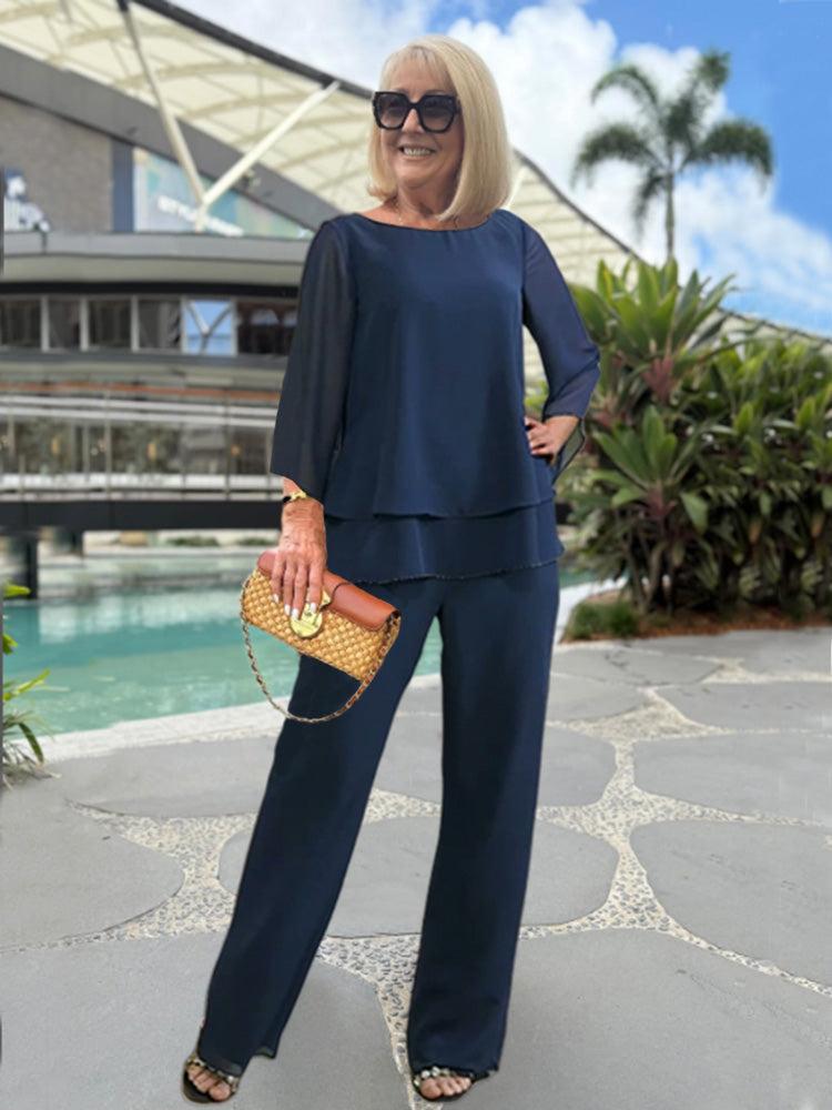 Carys Women's Two-Piece Set – Sophisticated 3/4-Sleeve Top & Cozy Pants for Every Occasion