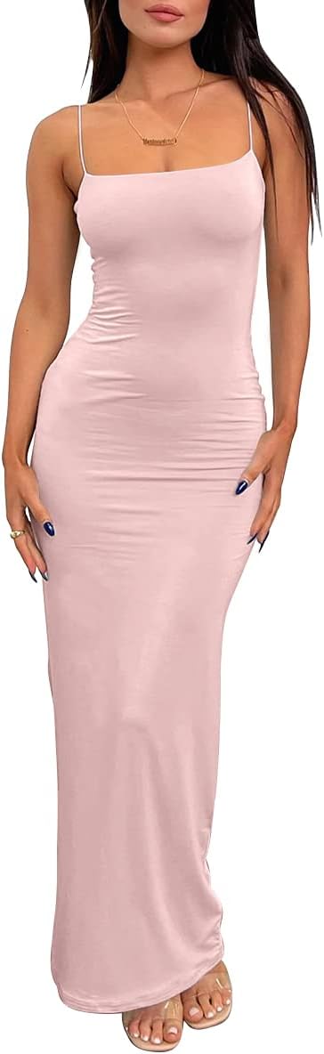Elaria Women's Double-Lined Bodycon Maxi Dress with Spaghetti Straps & Stretch Fit