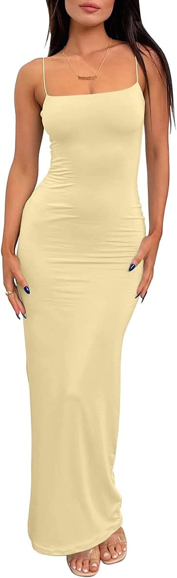 Elaria Women's Double-Lined Bodycon Maxi Dress with Spaghetti Straps & Stretch Fit