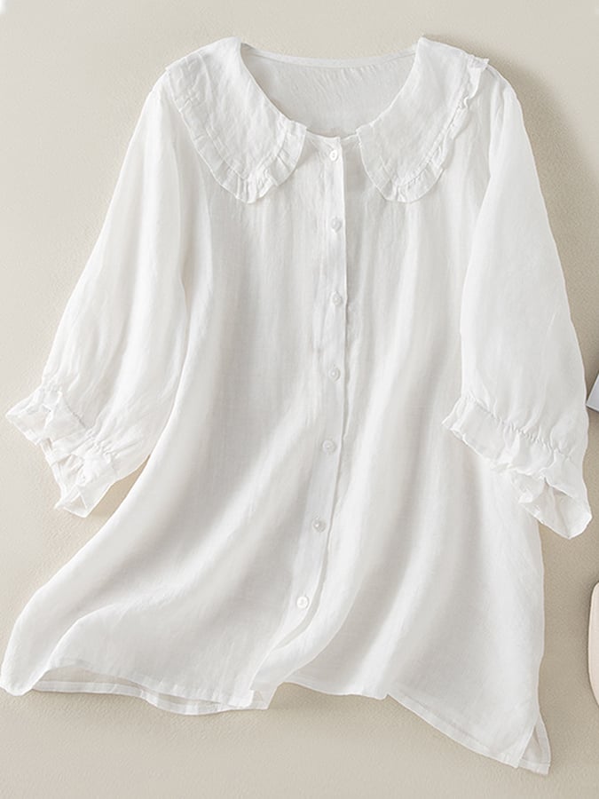 Genevieve Women's Cotton Linen Blouse – Relaxed Fit Shirt with Ruffled Peter Pan Collar