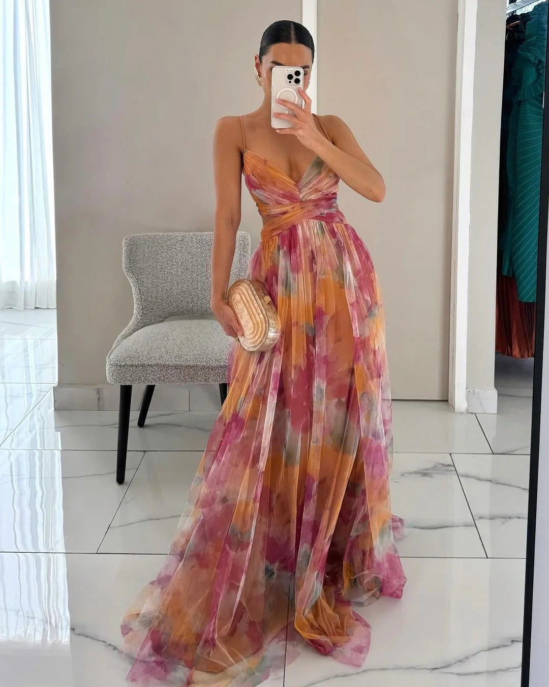 Tracy Women's Long Dress – Floral Summer Dress with Adjustable Closure & Flowing Silhouette