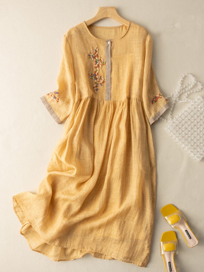 Amélie Women's Embroidered Cotton Linen Dress – Bohemian Relaxed-Fit Midi Dress