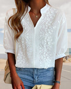 Barnaby Women's Blouse – V-Neckline Top with Puff Sleeves, Cotton-Blend Fabric & Patchwork Accents