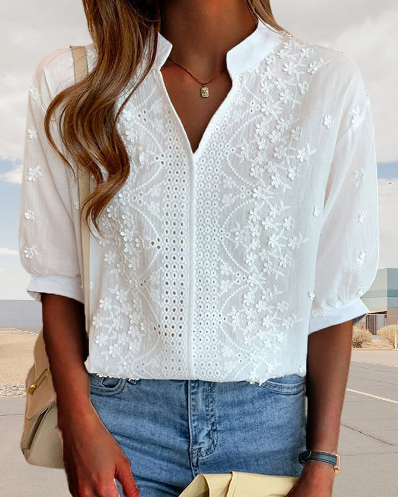 Barnaby Women's Blouse – V-Neckline Top with Puff Sleeves, Cotton-Blend Fabric & Patchwork Accents
