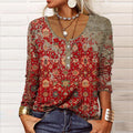 Mireille Women's Boho Top – Floral Print Henley Shirt with Long Sleeves