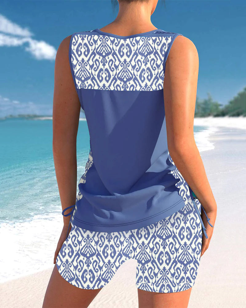 Marisol Women's Geometric Tankini Set – Full Coverage Square Neck Swimwear with Matching Shorts