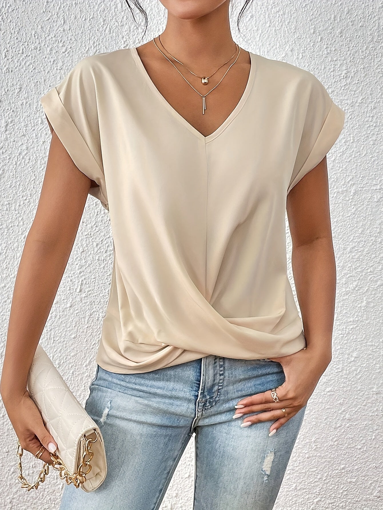 Yasmine Women’s V-Neck Top – Elegant Draped Blouse with Knot Detail & Comfortable Fit