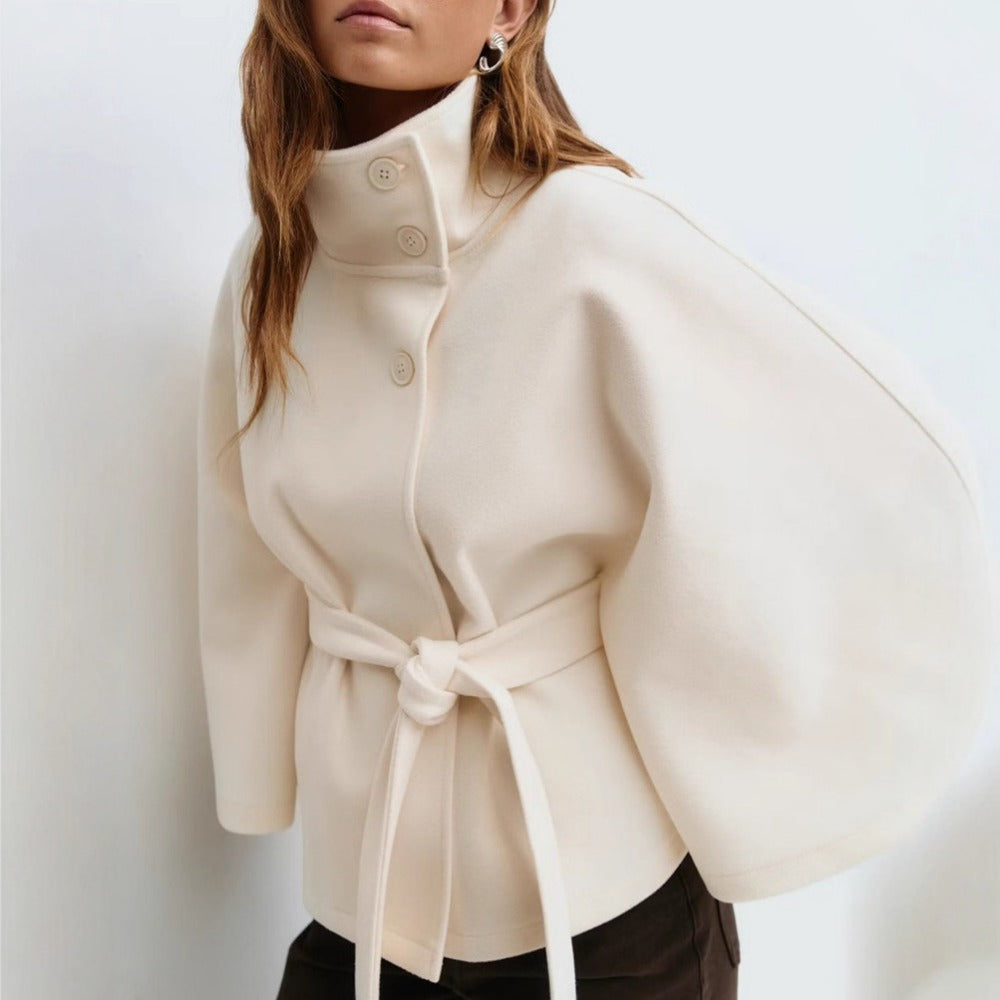 Charlotte Women’s Cape Coat – Elegant Belted Winter Coat with High Collar