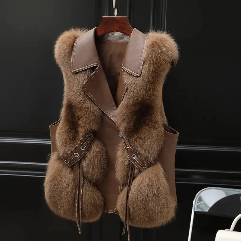 Marlowe Women's Faux Fur Vest with Oversized Lapel Collar & Adjustable Waist