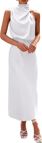 Vivienne Women's Satin Mock Neck Maxi Dress with Asymmetrical Shoulder & Flowy Skirt
