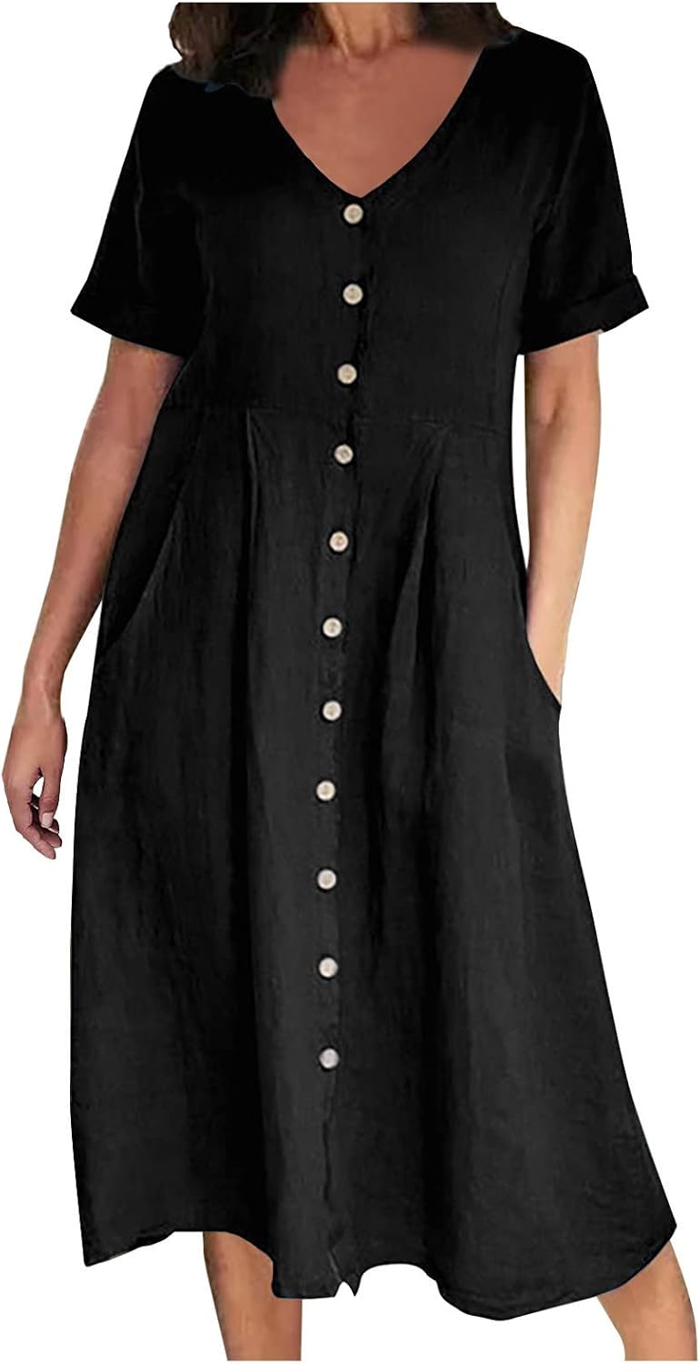 Althea Cotton Linen Blend Button Front Midi Dress with V-Neck and Side Pockets