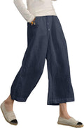 Danica Cotton Linen Blend Wide Leg Cropped Trousers with Drawstring Waist and Pockets