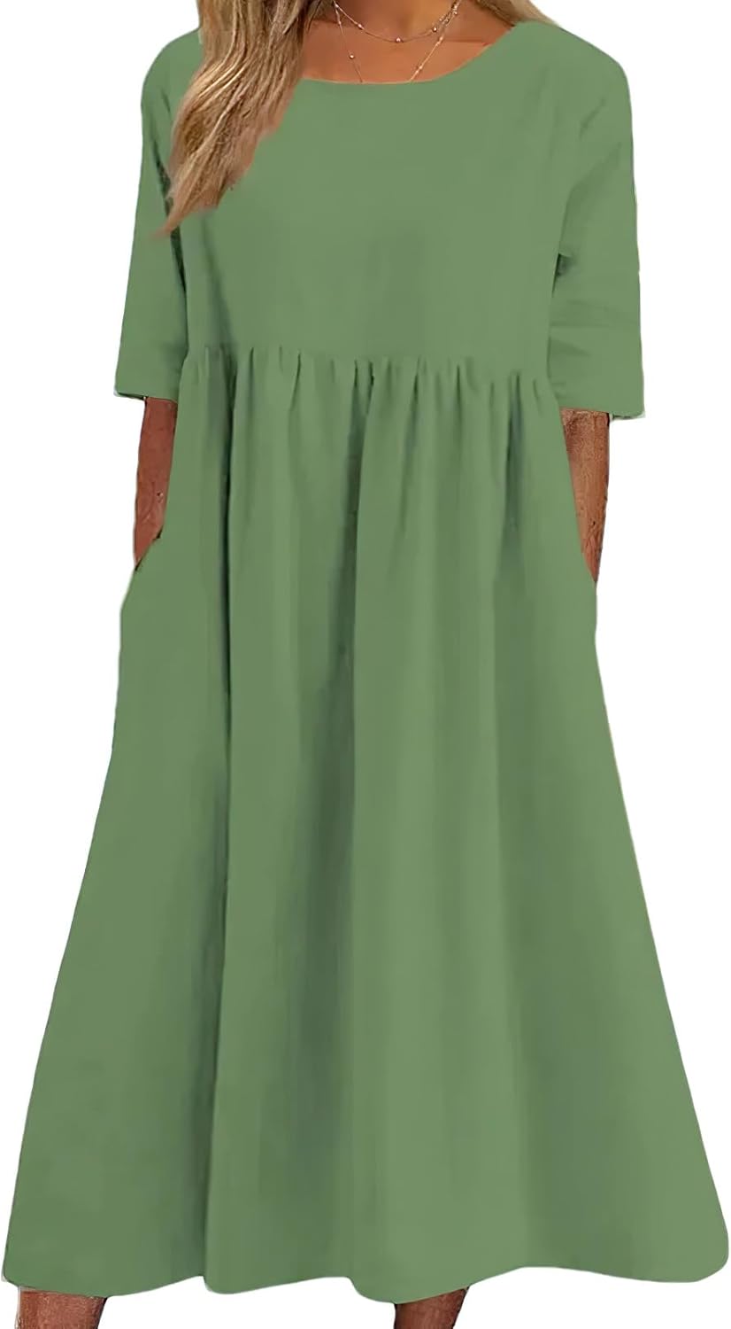 Elowen Cotton Linen Blend Maxi Dress with Round Neck, Short Sleeves and Side Pockets