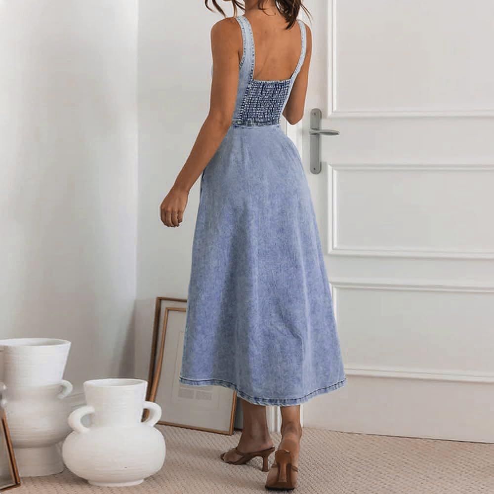 Delphine Women's Sleeveless Button-Front Denim Midi Dress with Smocked Back & A-Line Skirt