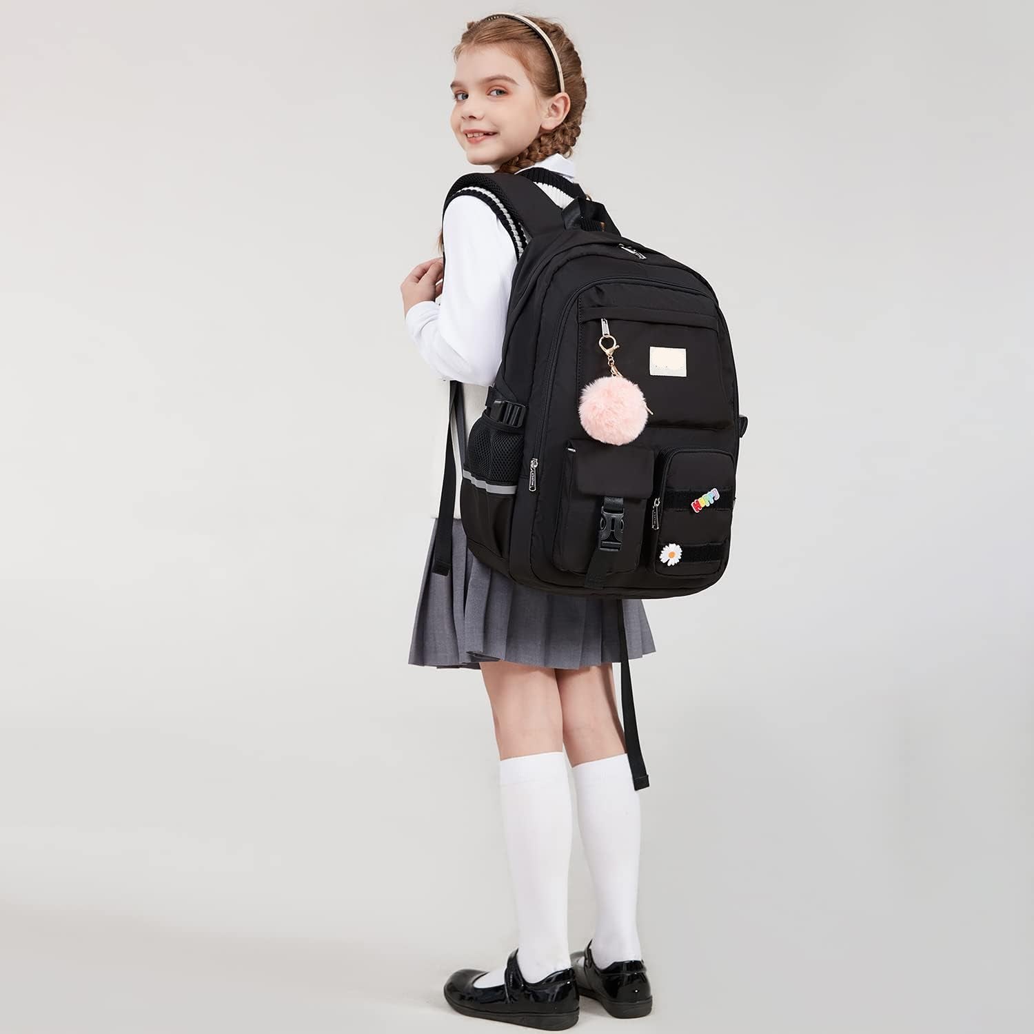 Lucia Large Black Laptop Backpack for College with Pom-Pom Charm and Luggage Strap